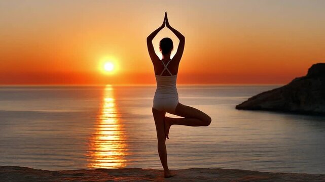 Yoga Silhouette at Sunset: A lone figure embodies tranquility, holding a yoga pose as the sun dips below the horizon, casting a warm glow and evoking a sense of inner peace.