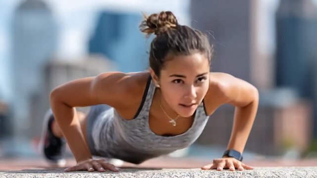 Strength and Determination: A focused woman performs push-ups outdoors, embodying fitness and resolve. Reflecting physical strength, a healthy lifestyle, and a dedication to personal wellness.