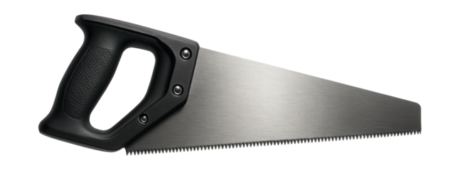 Hand saw with a plastic grip and universal teeth for versatile woodcutting.