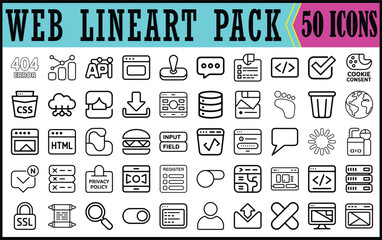 Fototapeta premium Web Line Art Icons Pack for Digital Design, Clean line-style web icons pack featuring 50 symbols for UI, UX, coding, settings, communication, and interface design needs.