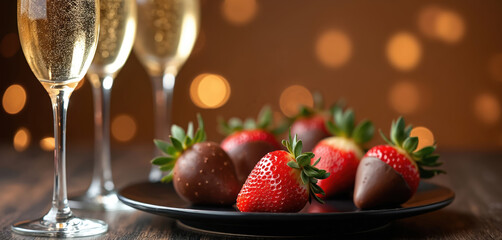 Champagne flutes filled with bubbly drink sit near plate of chocolate dipped strawberries. Festive mood with warm bokeh lights adds glamour to this sweet decadent pairing for any celebration.