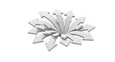 A cluster of white arrows radiating outwards from a central point, isolated on transparent background