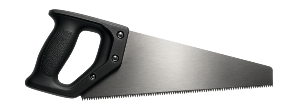 Hand saw with a plastic grip and universal teeth for versatile woodcutting.