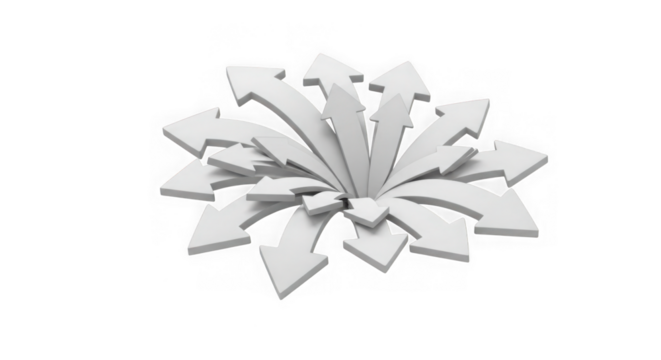 A cluster of white arrows radiating outwards from a central point, isolated on transparent background