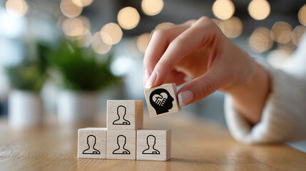 Empathy in leadership concept. Wooden block symbolizing empathy and partnership among blocks representing individuals, emotional intelligence and trust in workplace leadership and team collaboration