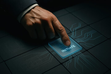 Initiate action signaling a digital interface with a pressing a glowing button on a circuit board landscape conveying proactive trigger innovation and interaction