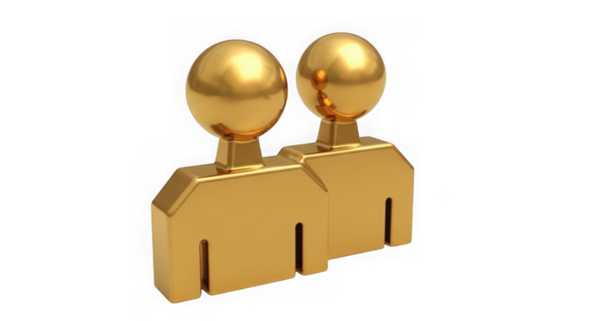 Two golden figures with round heads, isolated on transparent background