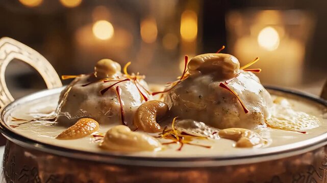 Delicious creamy Indian korma dish with nuts and saffron garnish.