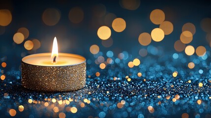 A golden, glittery candle burns bright against a backdrop of blue and gold bokeh lights