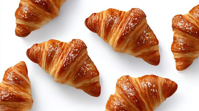 Row of croissants are lined up on a white background. The croissants are golden brown and appear to be freshly baked. Concept of warmth and comfort