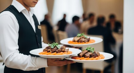 Professional waiter serving appetizing dishes at an elegant event or restaurant service