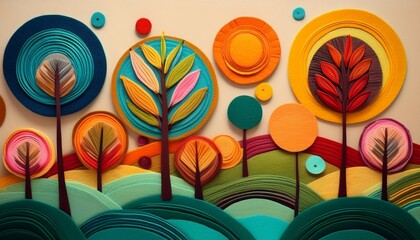 abstract felt artwork depicting a stylized landscape with colorful circles leaves and tree like forms arranged in a geometric pattern against a textured backdrop