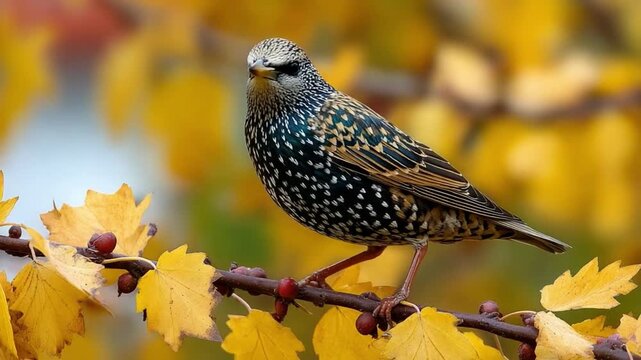 Autumn Starling Serenity: An eye-level close-up of a starling perched elegantly on a branch adorned with autumnal leaves, its speckled plumage blending beautifully with the season's warm hues.