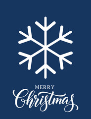 Vertical dark blue Christmas card template featuring a large, stylized white geometric snowflake centered above elegant white hand-lettered calligraphy that reads 