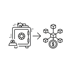 Safe with a house and coin going into a network of cubes with a coin