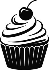Cupcake silhouette with frosting swirl and cherry, bold black and white dessert icon for bakery, food design, culinary branding