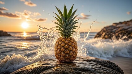 Tropical pineapple splashes on rock by ocean waves at golden sunset