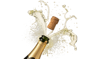 Champagne bottle cork popping with a splash of bubbly liquid isolated on transparent background