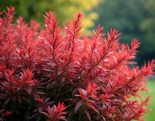 Red leaves of Euonymus alatus bush in garden. Bright scarlet foliage of winged spindle plant. Vibrant autumn colors of ornamental shrub in daylight. Close-up of burning bush with red leaves.