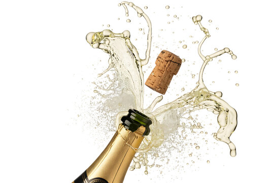 Champagne bottle cork popping with a splash of bubbly liquid isolated on transparent background