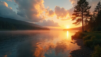 Calm lake water reflects orange sunset sky with clouds. Pine trees stand on rocky shore. Mountains with forest in distance. Serene landscape at dusk. Peaceful evening by the lake with scenic view.