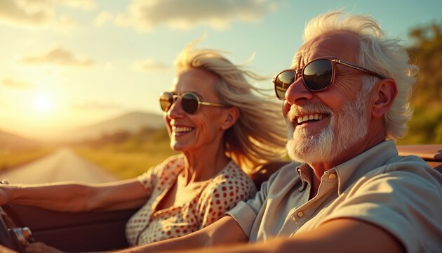 Elderly couple drives convertible car along scenic road at sunset. Smiling man and woman enjoy road trip vacation. Wind blows hair, golden light shines on happy seniors.
