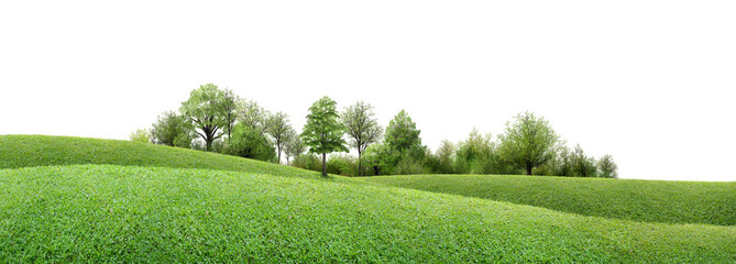 Fototapeta premium green grass field/serene green meadow with gently rolling hills and a line of lush trees under a bright, open sky, showcasing peaceful natural scenery and fresh outdoor beauty