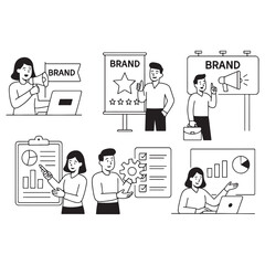 Fototapeta premium Set of people in various activities of Brand advertising, management and data analysis