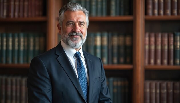 Mature man in dark suit smiles looking directly at camera. He stands in office library with bookshelves full of books. Confident professional has grey hair beard, blue tie.