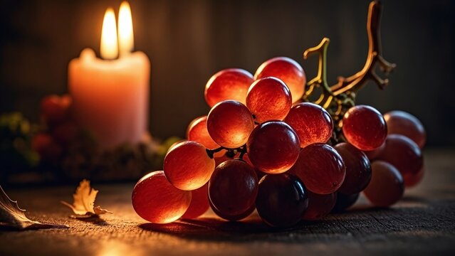 Juicy red grapes bathed in warm candlelight create a cozy, inviting autumn scene