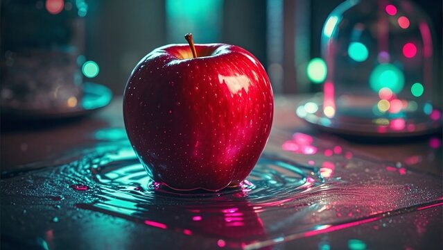 Vibrant red apple glistens with water droplets amidst colorful neon bokeh lights