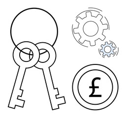 Interlocking keys, rotating gears, and a pound coin highlight security, automation, and financial concepts. Ideal for finance, security, technology, strategy innovation teamwork efficiency