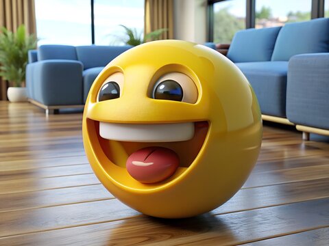 A large happy laughing emoji character with a wide open mouth and tongue sticking out sitting on a wooden floor in a modern living room