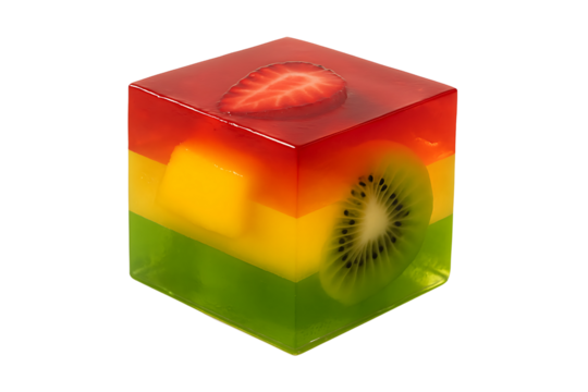 Layered fruit jelly cube with strawberry kiwi and mango isolated on white, vibrant food photography