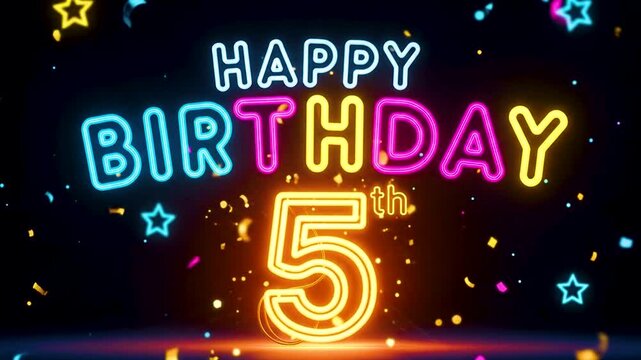 Vibrant neon glow for a dazzling 5th birthday celebration, bursting with stars, confetti, and joyful color magic!