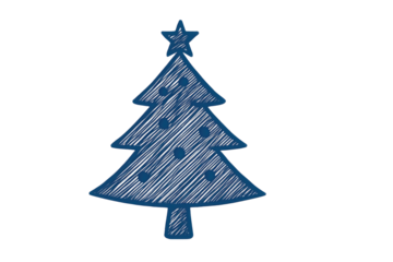 Hand-drawn Christmas tree sketch with star topper and round ornaments in blue doodle style on clean white background