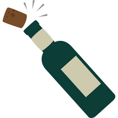Dark Green Glass Bottle With Light Beige Label And Cork Popping Out With Small Sparkles And White Background