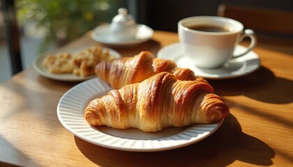Warm morning light illuminates table with coffee and croissants. Fresh baked pastries offer delightful breakfast treat. Cup of hot beverage sits beside sweet indulgence, creating cozy scene.