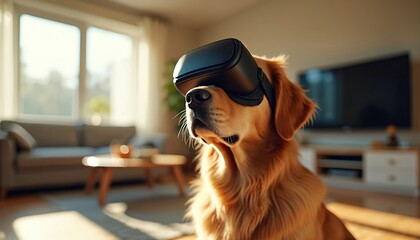 Golden retriever dog wears virtual reality headset in sunny living room. Pet sits focused, experiencing digital world. Shows future tech, modern lifestyle, animal interaction with new media, funny