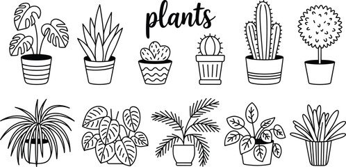 Potted plant line illustration set with leafy, succulent, cactus, and flowering foliage in black vector style