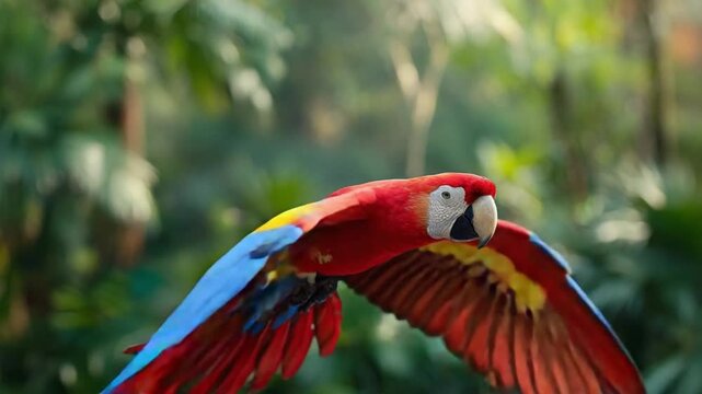 Scarlet Macaw in Flight: A vibrant Scarlet Macaw soars through the lush forest, its plumage a brilliant display of red, yellow, and blue, capturing the essence of the tropics.