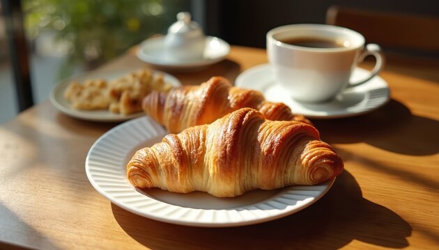 Warm morning light illuminates table with coffee and croissants. Fresh baked pastries offer delightful breakfast treat. Cup of hot beverage sits beside sweet indulgence, creating cozy scene.