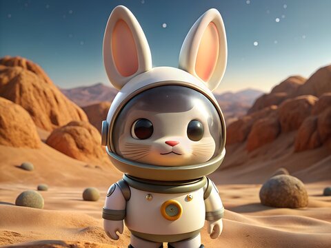 Cute bunny astronaut exploring a deserted alien planet with rocky terrain and a vast sky