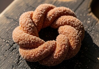 Sugar-Coated Twist Donut in Sunlight – Sweet Pastry Dessert Close-Up