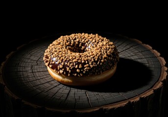 Chocolate Donut with Crunchy Nut Topping on Rustic Wooden Surface – Gourmet Dessert Close-Up