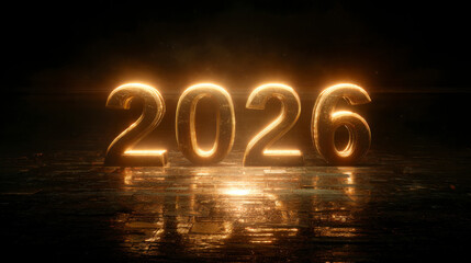 Golden numerals '2026' gleam on a reflective surface, hinting at a new year.