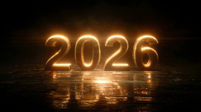 Golden numerals '2026' gleam on a reflective surface, hinting at a new year.