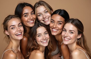 Obraz premium Six young women with diverse skin tones, hair colors smile together. Healthy glowing skin, dressed in casual summer tops. Women stand close, heads tilted, beauty, friendship. Smiles warm, inviting,