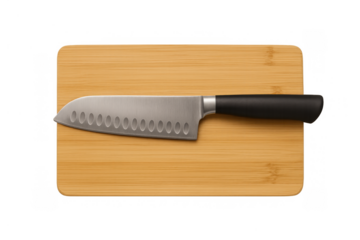 Steel santoku knife with a black handle lying on a light wood cutting board, ideal for general kitchen use
