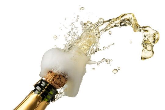 Champagne bottle cork popping with a splash of bubbly liquid and foam isolated on transparent background
